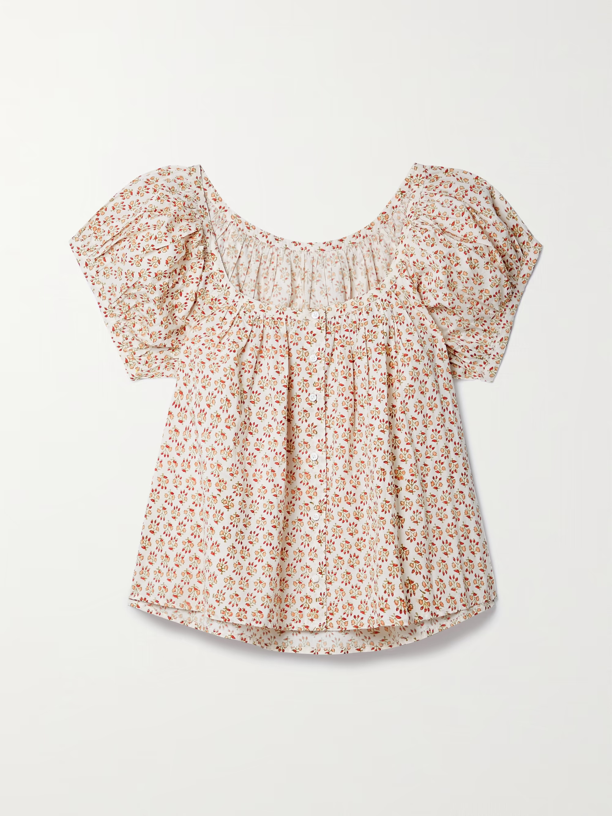 + NET SUSTAIN Joyce gathered floral-print organic cotton-poplin blouse | NET-A-PORTER (UK & EU)