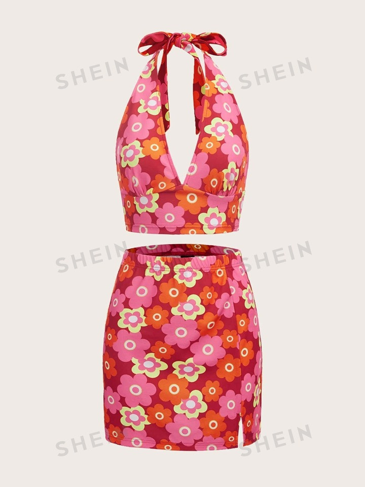SHEIN ICON 90s Allover Floral Print Backless Halter Top & Slit Skirt | SHEIN