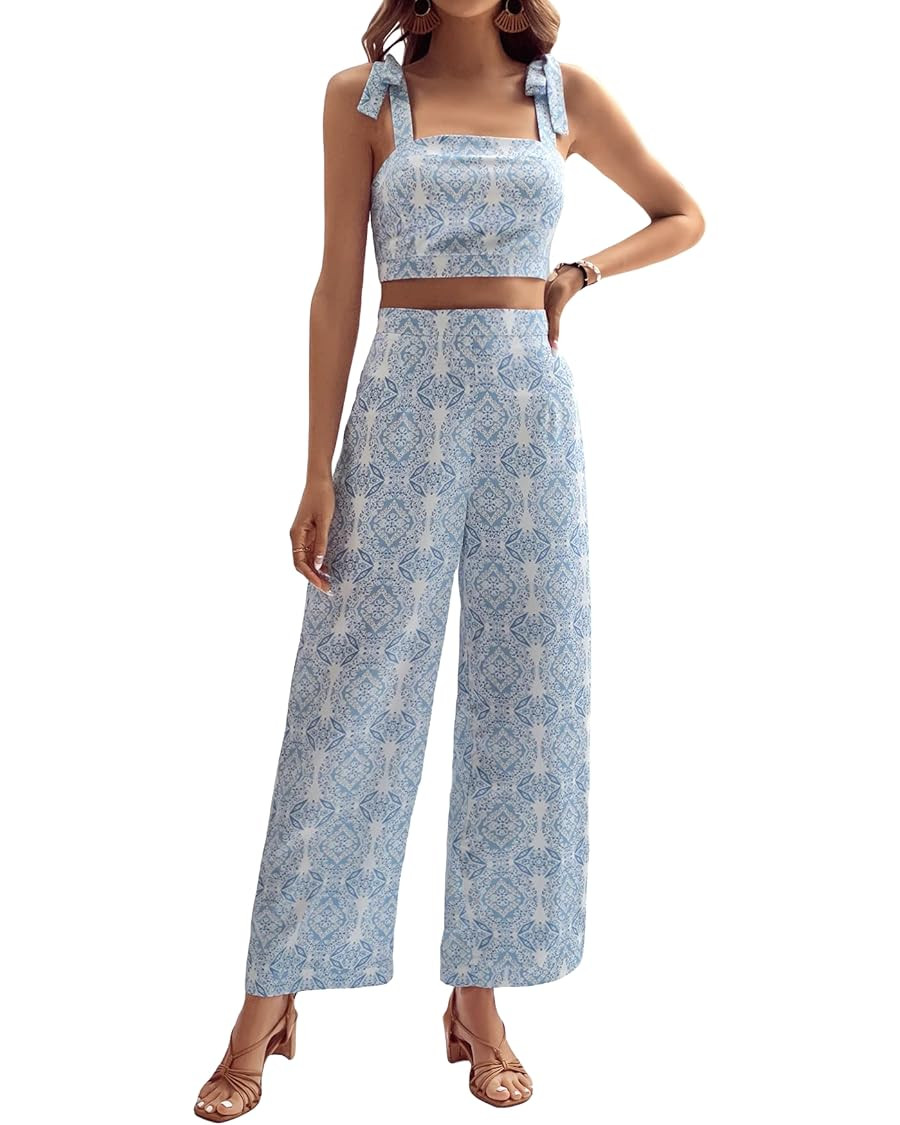 Floerns Women's 2 Piece Boho Floral Print Knot Shoulder Zip Back Crop Cami Top and Maxi Pants Set | Amazon (US)
