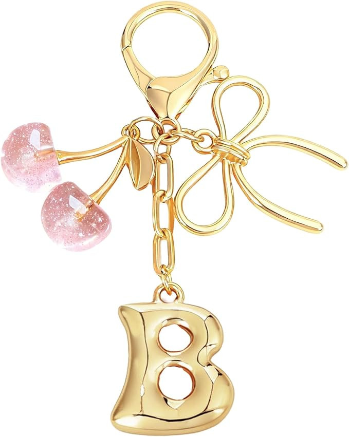 Snycler Bubble Initial Keychain with Bow & Cherry - Gold Letter Bag Charms for Women, Cute Purse ... | Amazon (US)