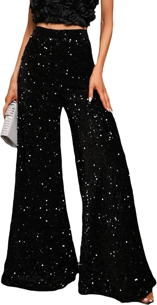 Women's Sexy Metallic Sparkly Wide Leg Pants Trousers Bell Bottom Night Out Clubwear | Amazon (US)