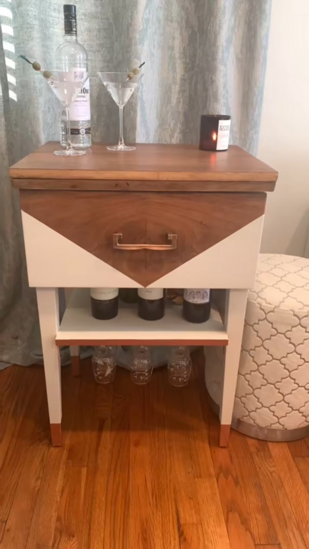 Upcycled sewing table into a bar cart. Adding peel and stick wallpaper as an unexpected design element. Full tutorial on how I did this on my website. DoubleArrowDesigns.com. Wallpaper linked below

#LTKHome