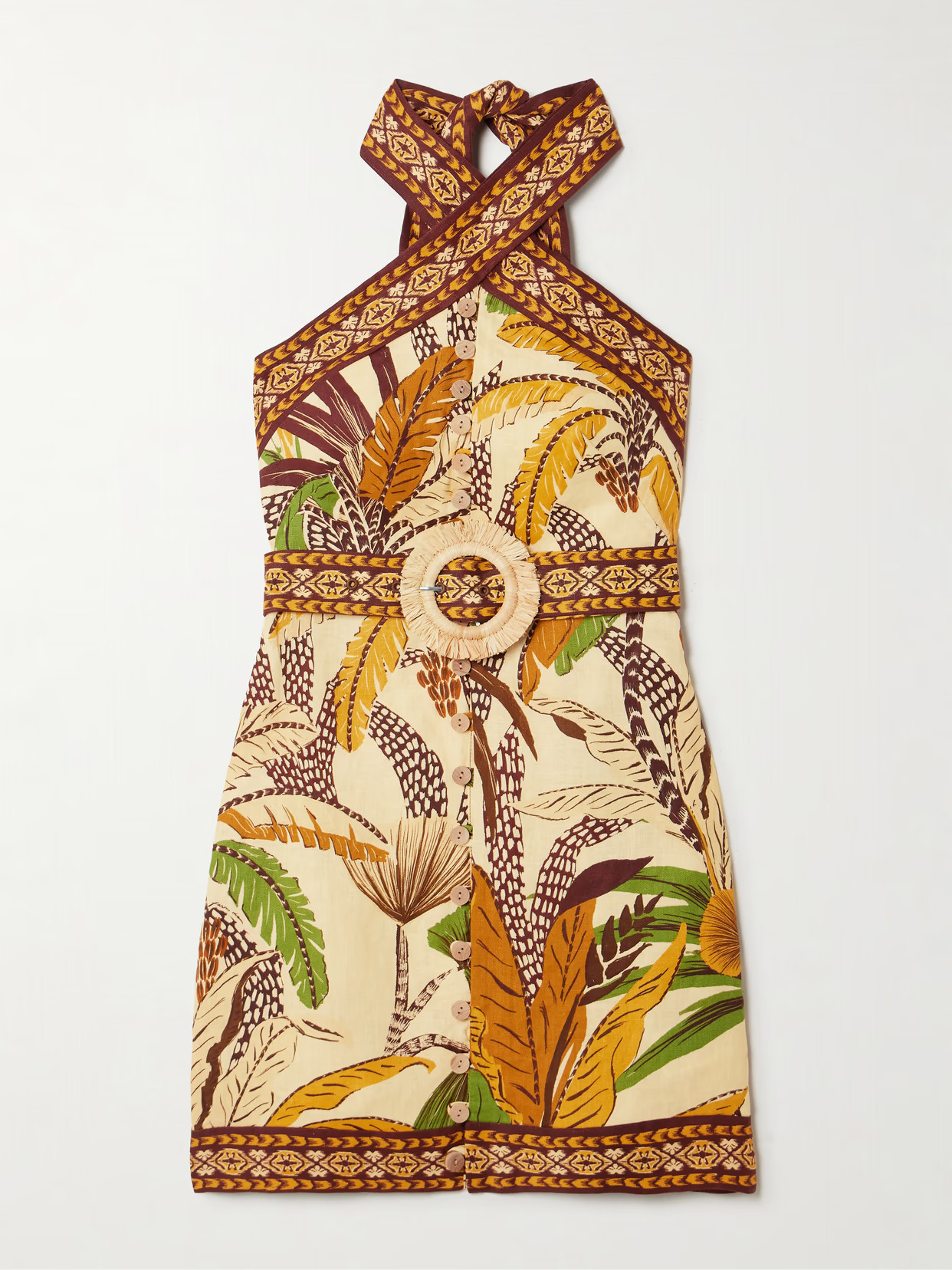 Farm Rio - Belted Printed Linen Halterneck Mini Dress - Neutrals | NET-A-PORTER (US)