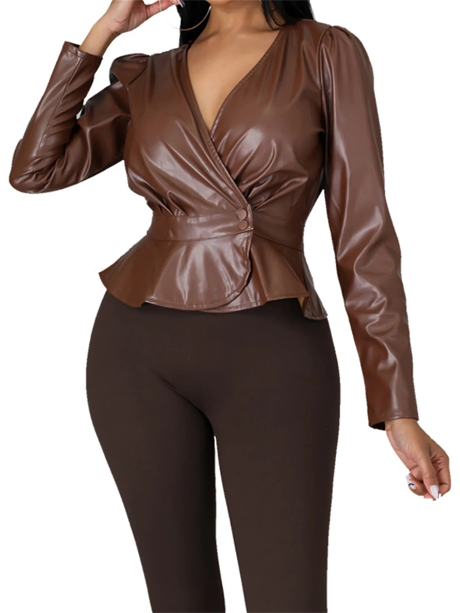 Womens Sexy Shiny Metallic Crop Top PU Faux Leather Long Sleeves T-Shirts BlouseTop Nightclub Sty... | Walmart (US)