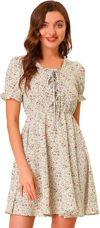 Allegra K Women's Summer Floral Puff Sleeve Ruffles Square Neck Lace-up 1950s Tea Dress | Amazon (US)