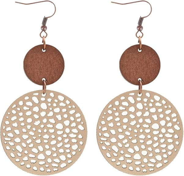 Vintage Hollow Out Geometric Wooden Leather Earrings for Women Lightweight Ethnic Teardrop Dangle... | Amazon (US)
