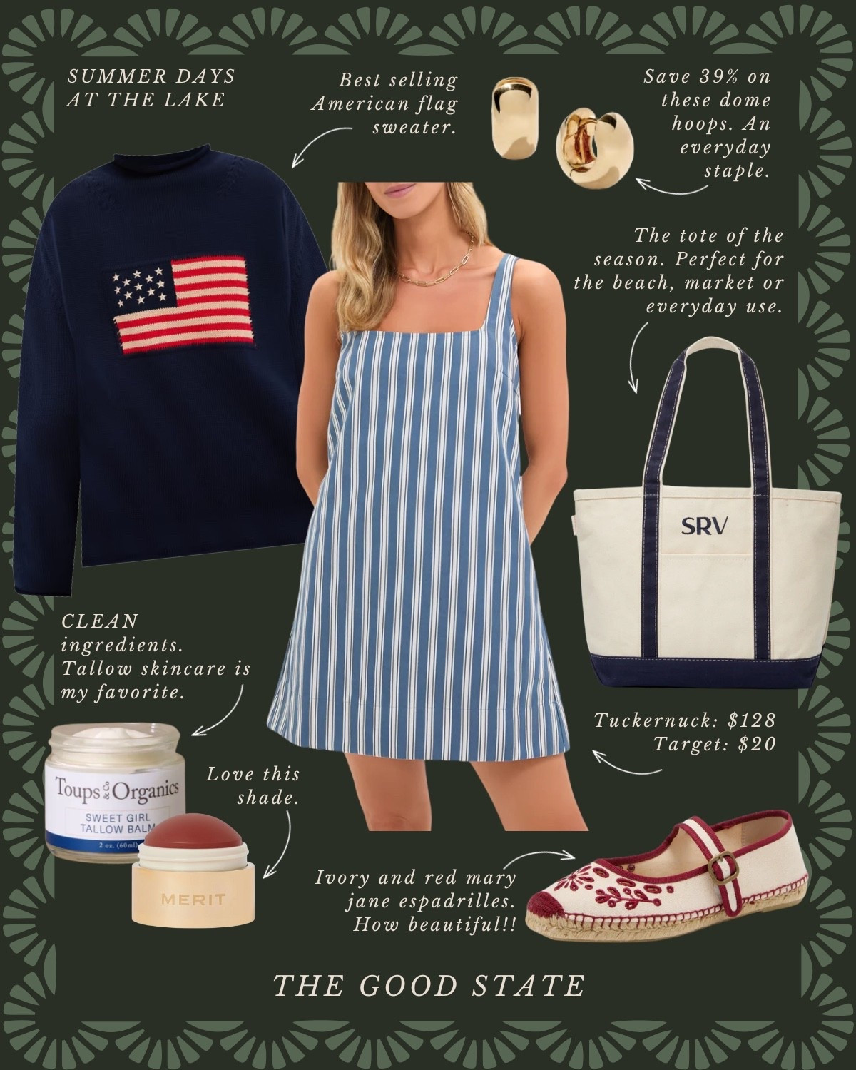 This is for the Nancy Meyers-loving girlies living their best life as they sip on a cup of freshly brewed coffee and watch the sunrise over the lake. For the ones breathing in slow mornings and fresh air. This is for the ladies 
spending all day out on the boat and the evening on the dock with a glass of wine and good company. For the girlies who still flip on The Parent Trap and eat Oreos dipped in peanut butter. This is for the ladies who love all things gingham, their trusty ball cap and the ease of a Summertime dress. For those thriving in this Americana Summer. This is for you🫶🏼

Ootd, outfit idea, style tip, classic style, timeless style striped sweater, quince, J.Crew, J.Crew, factory, target, target fashion, target style, Walmart, Anthropologie, Anthro, Madewell, white dress, spring dress, summer dress, spring fashion, summer fashion, vacation, outfit, Fourth of July, outfit, red, white, and blue outfit, gingham dress, quilt dress, organic skincare, pearl, jewelry, Abercrombie, and Fitch, Tuckernuck, Madewell, H&M, Amazon, Amazon style, farmers market outfit, sissy light hat, dolce vita, women’s shoes, raffia bags, wedding guest dress, dress, wedding guest, Lauren England, the good state, lake, lake outfit, lake house, summer sweater, American flag sweater

#LTKSaleAlert #LTKFindsUnder100 #LTKStyleTip