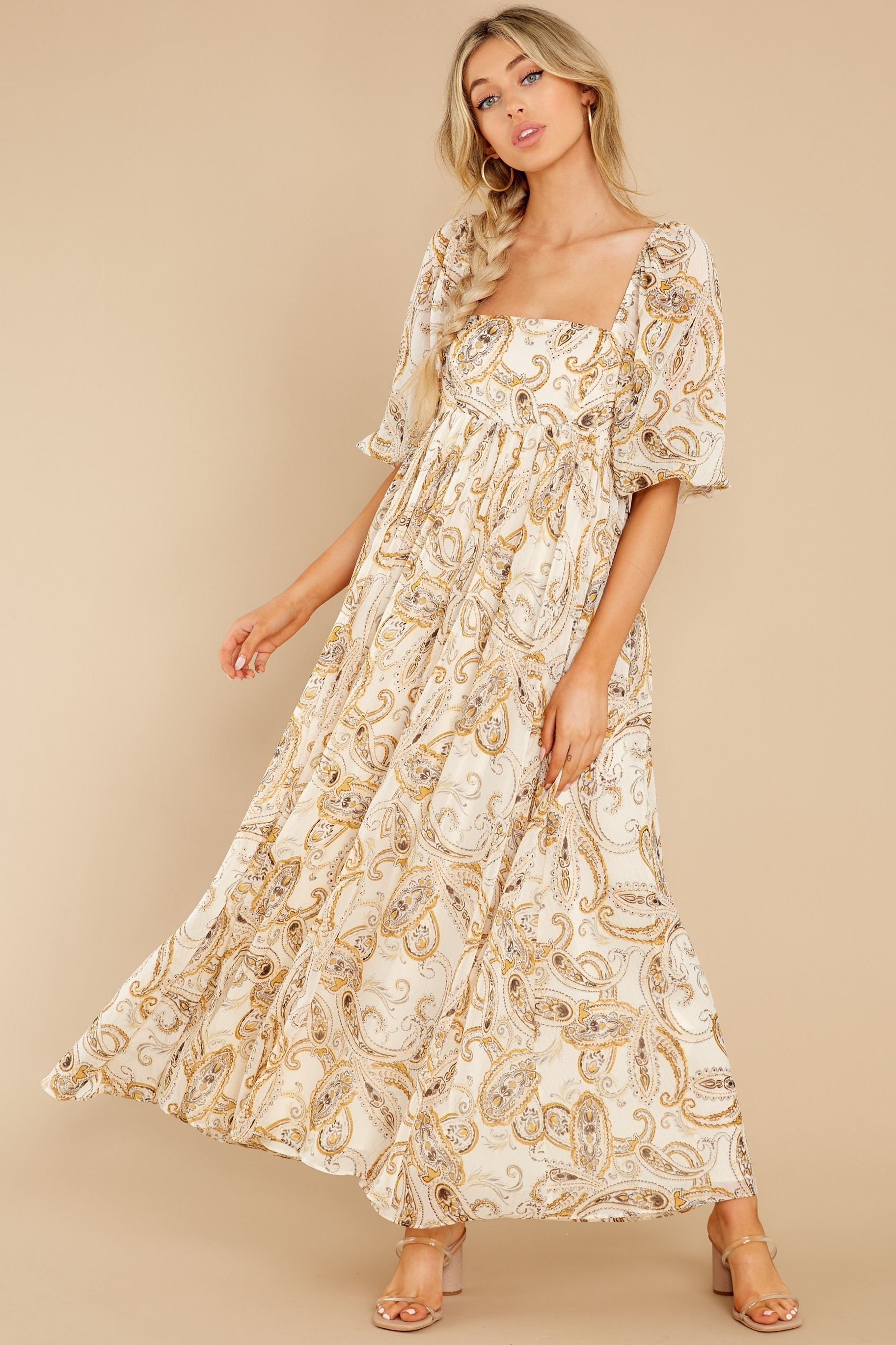 In The Spotlight Ivory And Mustard Print Maxi Dress | Red Dress 