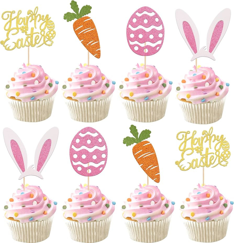 Rsstarxi 24 Pack Glitter Happy Easte Cupcake Toppers Carrot Rabbit Easter Egg Decor Cupcake Picks... | Amazon (US)