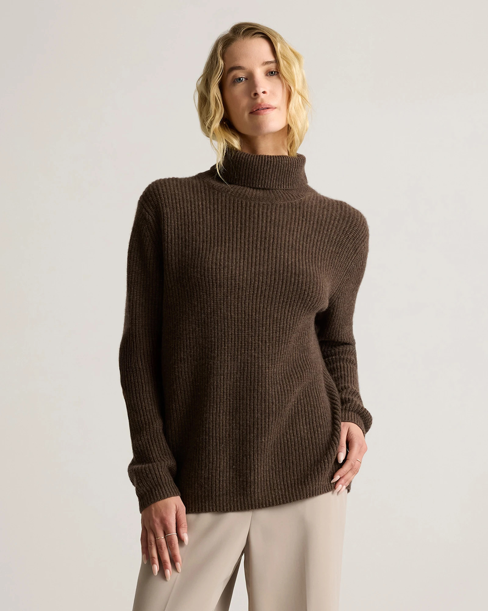 Mongolian Cashmere Fisherman Turtleneck Sweater in Brown | Quince