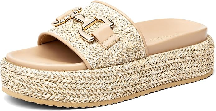 Coutgo Womens Platform Sandals Raffia Espadrilles Metal Chain Slip on Open Toe Cute Beach Slide S... | Amazon (US)