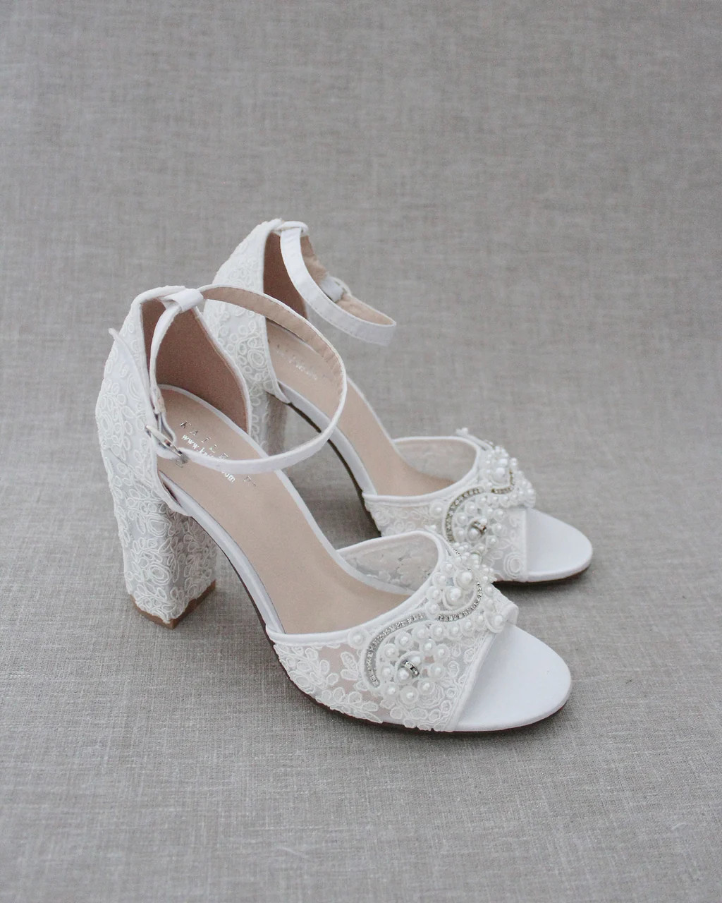 Crochet Lace Block Heel Sandals with Small Pearls Applique | Kailee P.