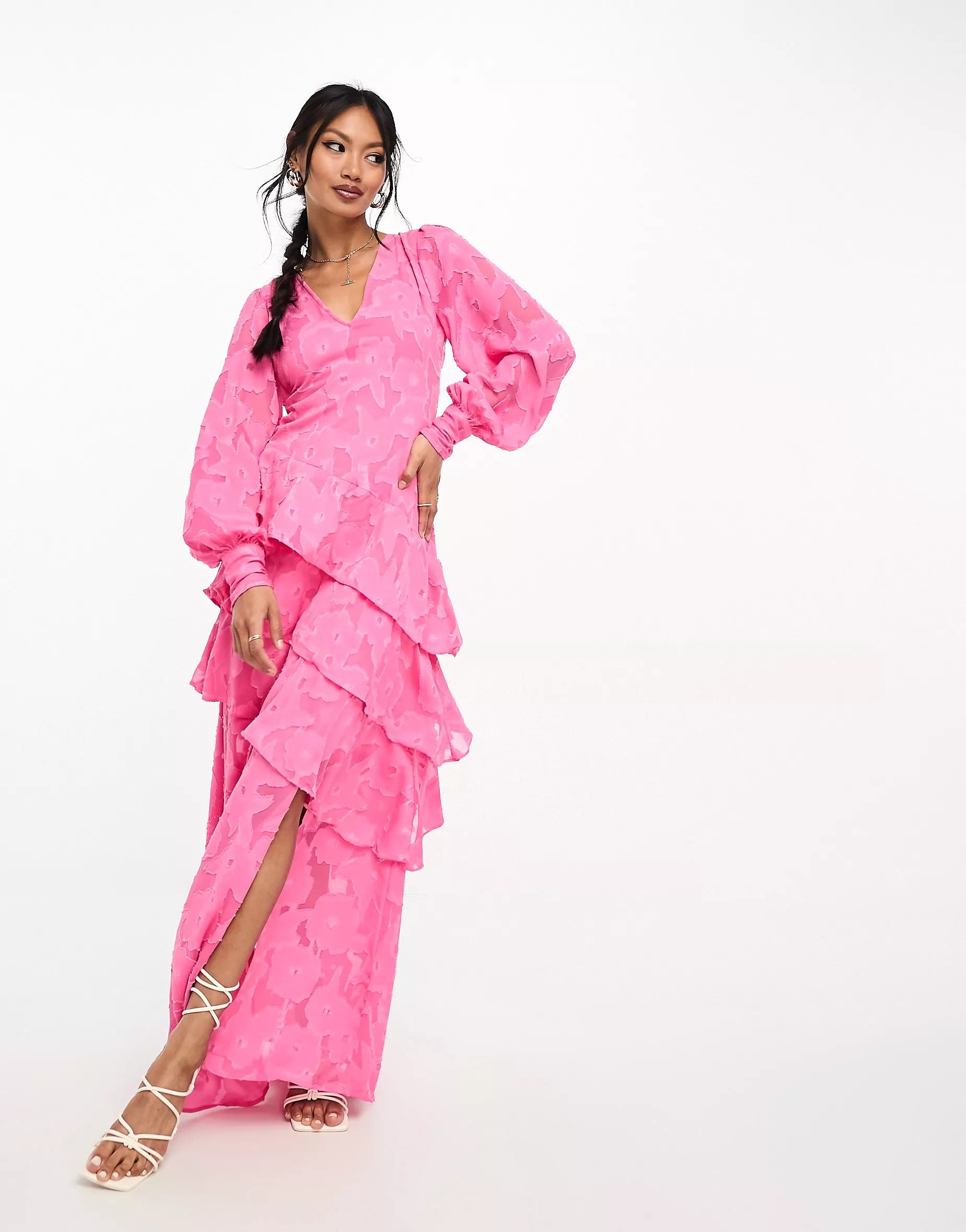 Pretty Lavish asymmetric ruffle jacquard maxi dress in pink | ASOS (Global)