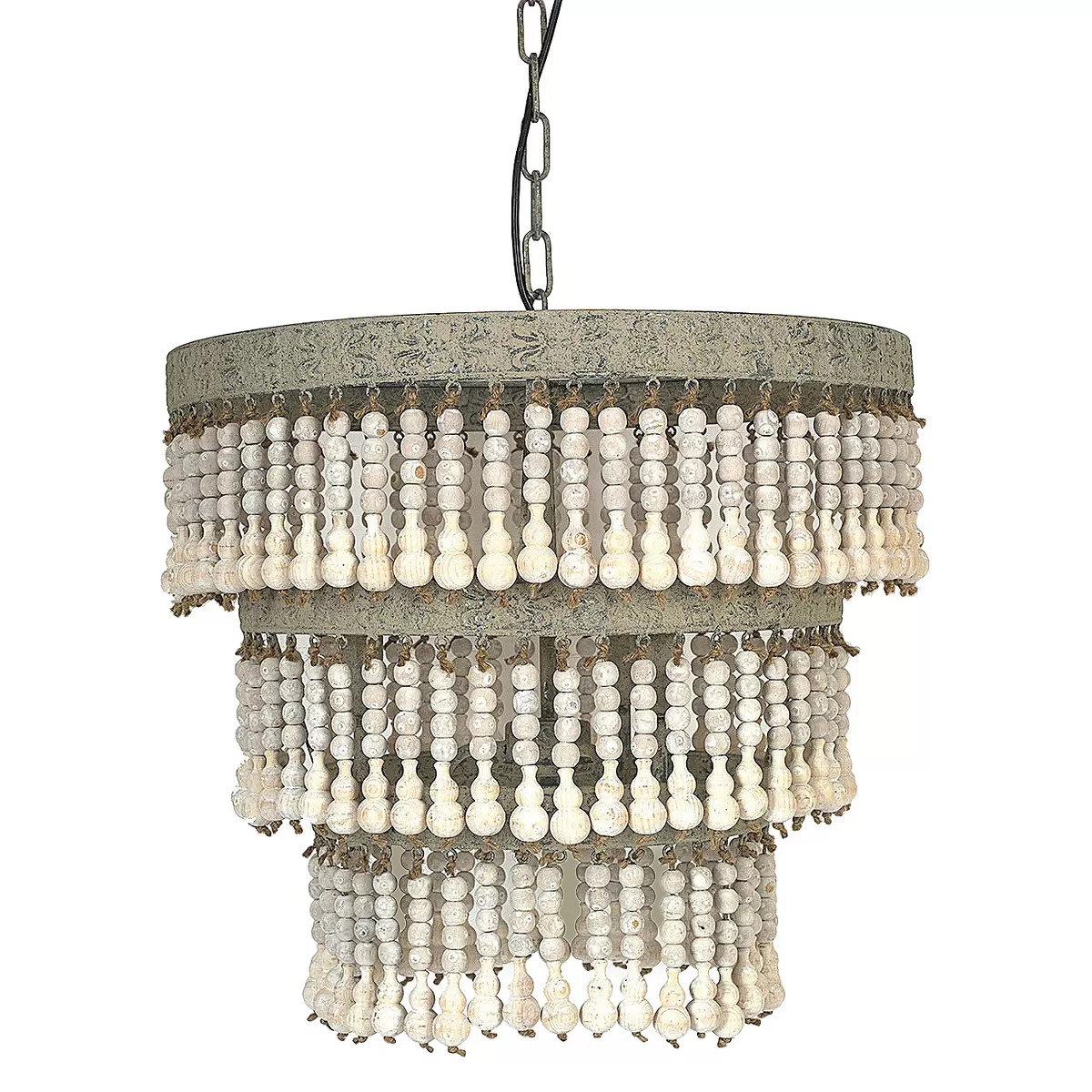 3-Tier Round Metal Chandelier with 3 Lights and Hanging Wood Beads Cream - Storied Home | Target