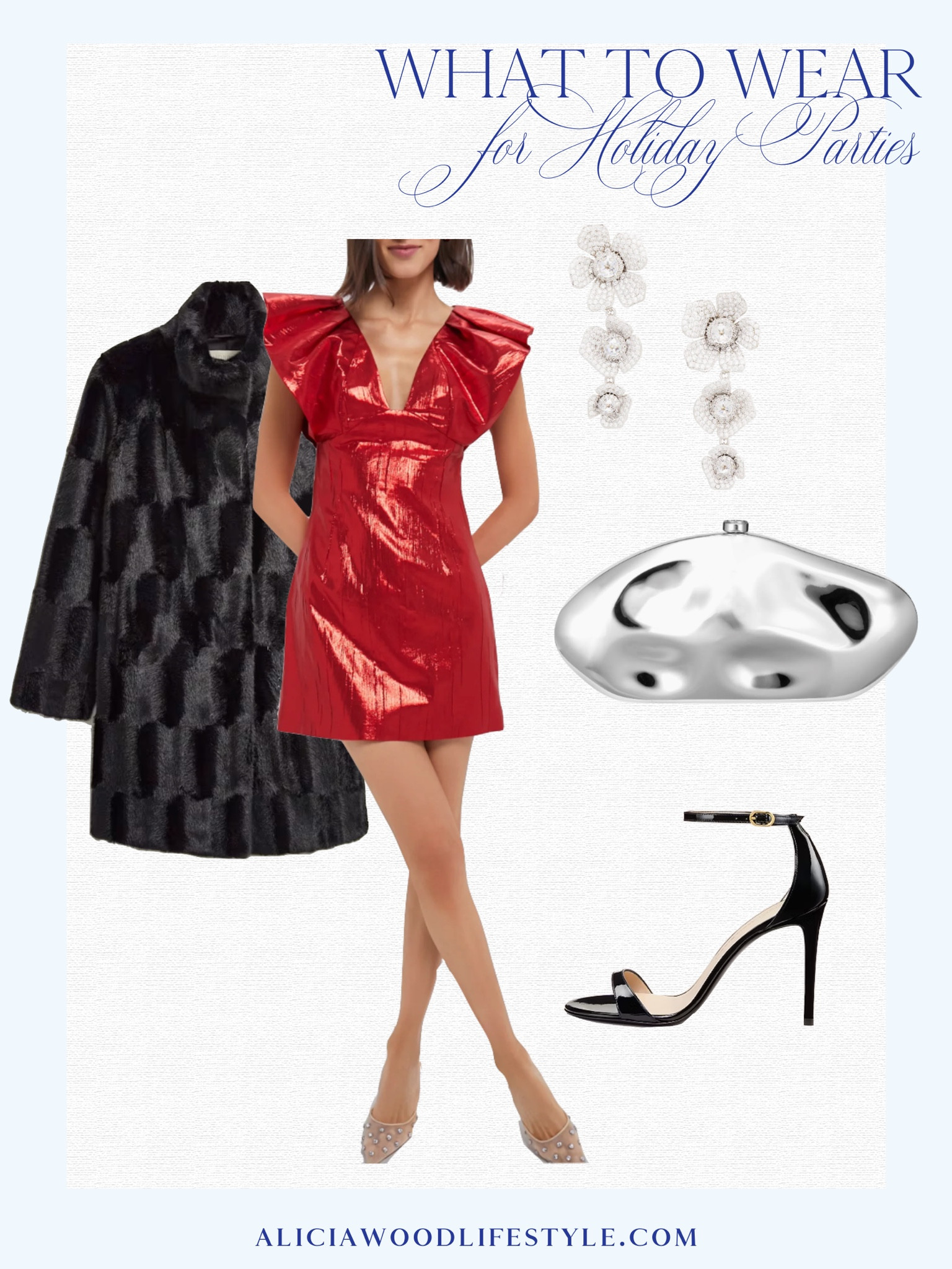 Holiday Party Style

Red metallic mini dress with flutter sleeve detail
Black ankle strap sandal
Silver metallic clutch
Drop diamond earrings 
Black faux fur coat 

#LTKHoliday #LTKStyleTip #LTKOver40