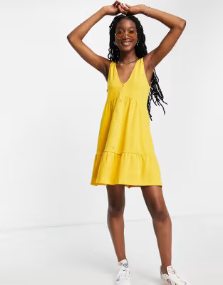 ASOS DESIGN button through smock dress in mustard | ASOS (Global)