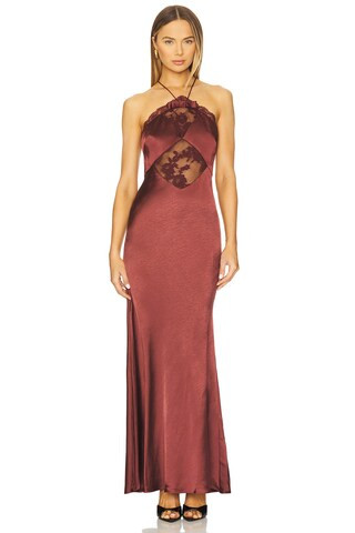 self-portrait Satin Maxi Dress in Brown from Revolve.com | Revolve Clothing (Global)