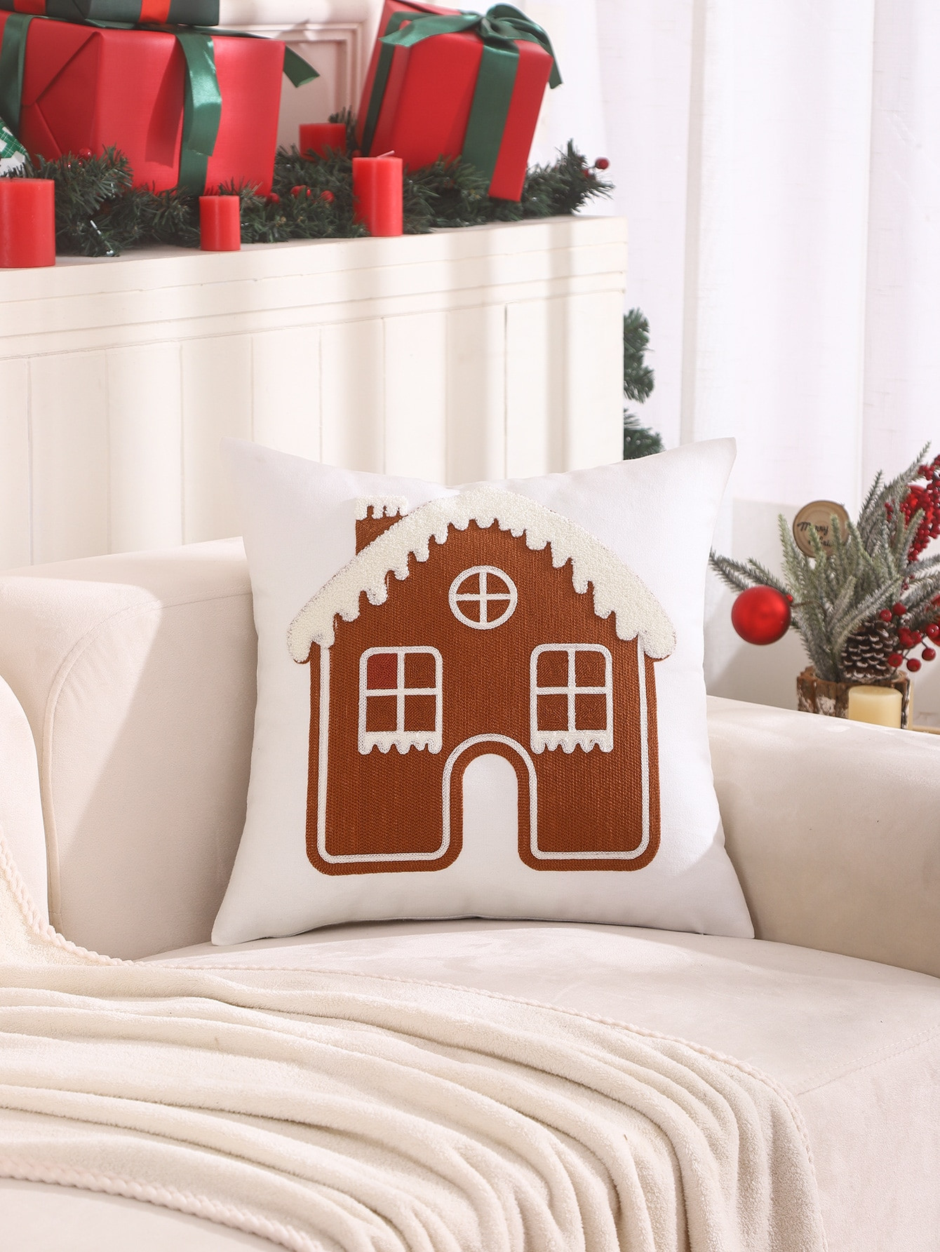 1 Stück Weihnachtsthema Bestickte Leinwand Kissenbezug (hausförmig) | SHEIN