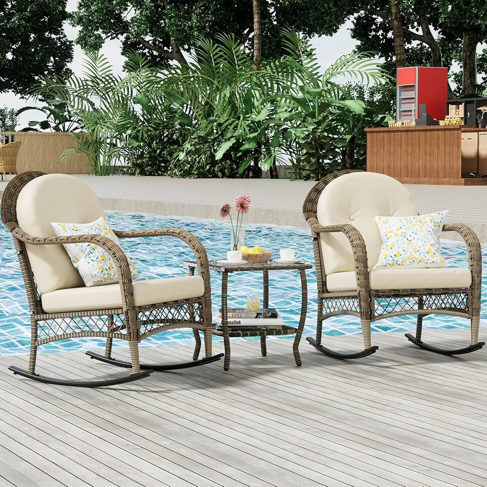 3 Pieces Patio Conversation Set, Lounge Rocking Chair with Cushion & Coffee Table, Wicker Bistro ... | Amazon (US)