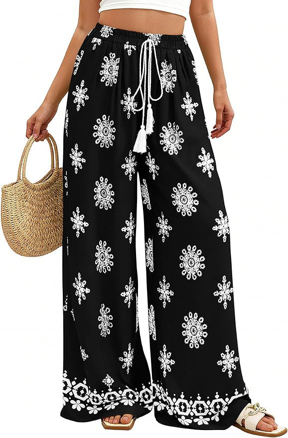 PRETTYGARDEN Women's Wide Leg Palazzo Pants 2026 Summer Boho Floral Trousers Spring Flowy Beach V... | Amazon (US)