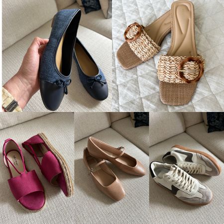 5 Shoes for April: 1. Notice sneakers. Grey and white.Run tts. Lots of colors. Super comfortable. 2.Reyes ballet flats. 10 colors available. Run true to size. Toffee snake embossed. 3.Tweed ballet flats. Under $65. Run tts. 4.Easy Spirit raffia slides. Extra cushion. Run tts. 5.Coldwater Creek leather espadrilles. Run slightly large. Size down if between sizes. 3 colors available. 
Easy Spirit discount code: CINDY20

#LTKshoecrush #LTKfindsunder100 #LTKworkwear