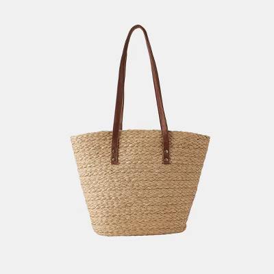 Cupshe Women's Chic Woven Straw Tote Bag with Leather Trim-F-Brown | Target