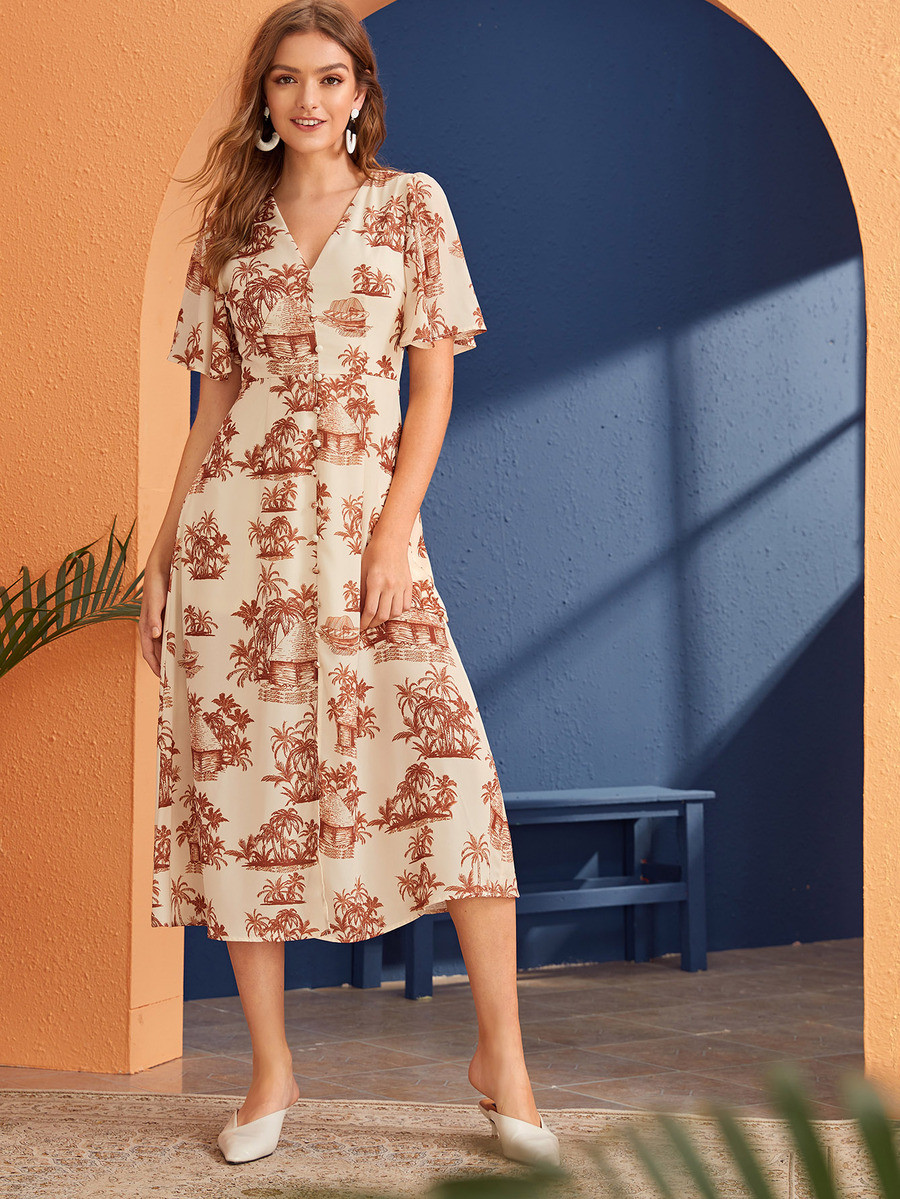 SHEIN Covered Button Flutter Sleeve Tropical Print Dress | SHEIN