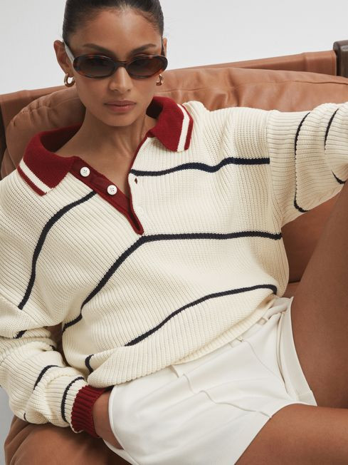 The Upside Oversized Cotton Polo Jumper in White Stripe | Reiss UK
