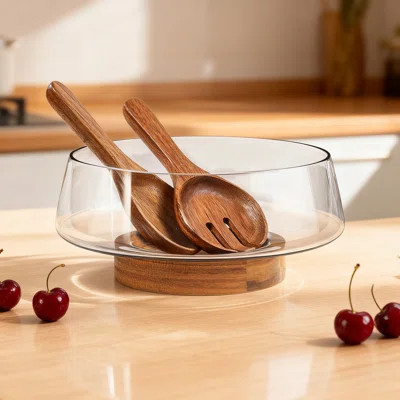 Large Glass Salad Bowl Set With Acacia Wood Base And Serving Utensils - Elegant Serving Bowls For Entertaining And Family Meals | Wayfair North America
