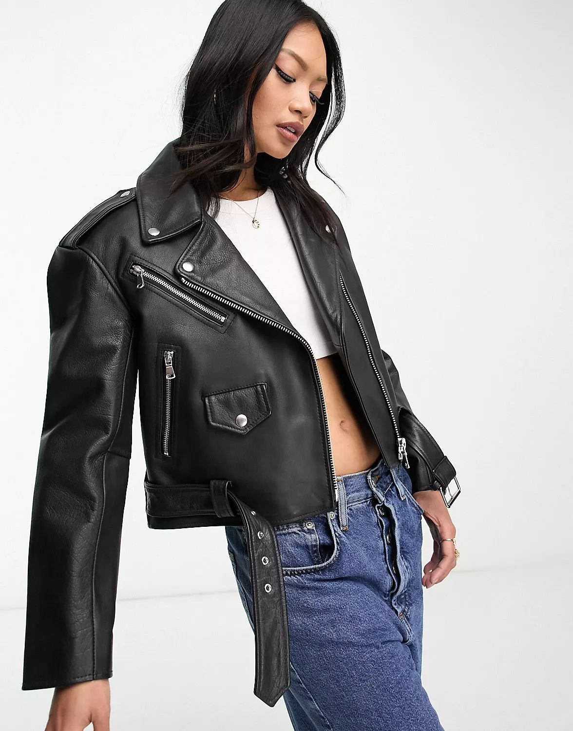 ASOS DESIGN textured premium real leather moto jacket in black | ASOS (Global)