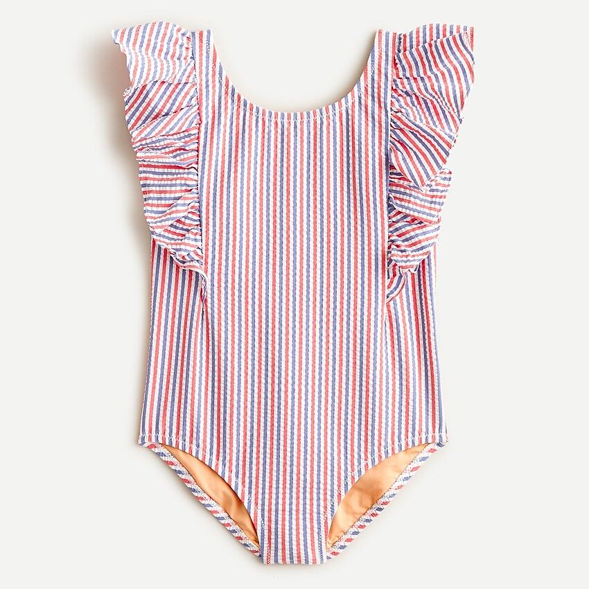 Girls' ruffle-trim one-piece swimsuit in seersucker | J.Crew US