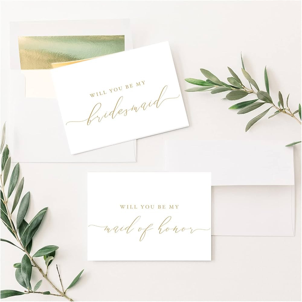 Will You Be My Bridesmaid Cards 4x5.5 Folded White Proposal Card with Gold Caligraphy with Gold F... | Amazon (US)