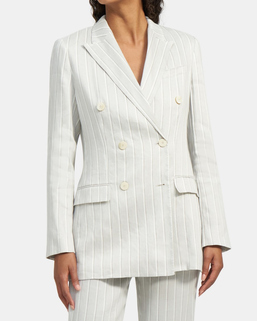 Double-Breasted Blazer in Striped Stretch Linen | Theory Outlet