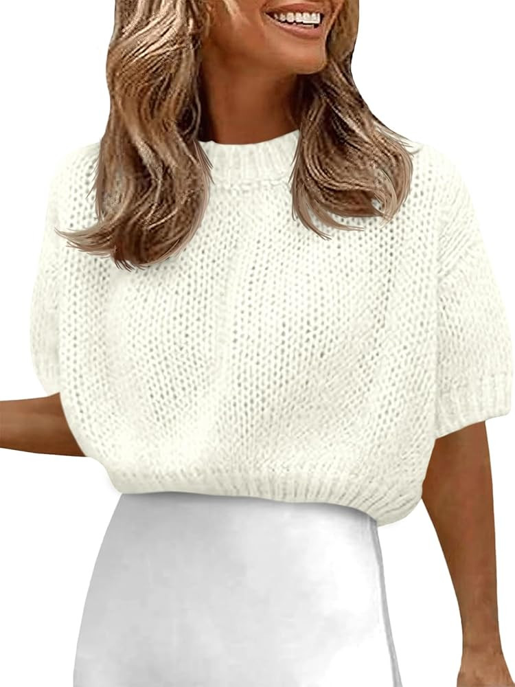 Fisoew Womens Cropped Knit Shirts Casual Puff Short Sleeve Crewneck Solid Loose Lightweight Crop ... | Amazon (US)