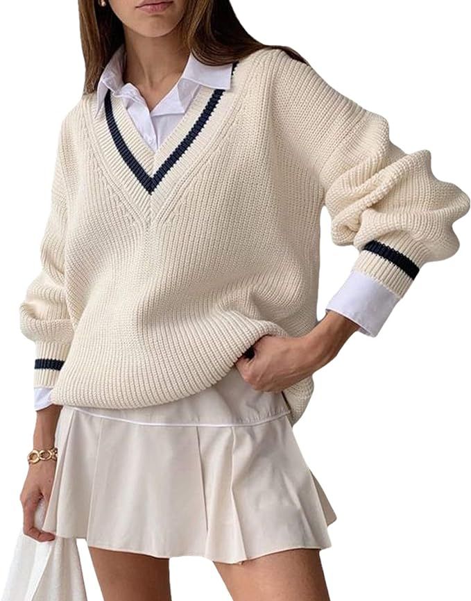 Women Argyle Plaid Sweater Pullover Long Sleeve Preppy England Style Y2K E-Girl Autumn Winter Swe... | Amazon (US)