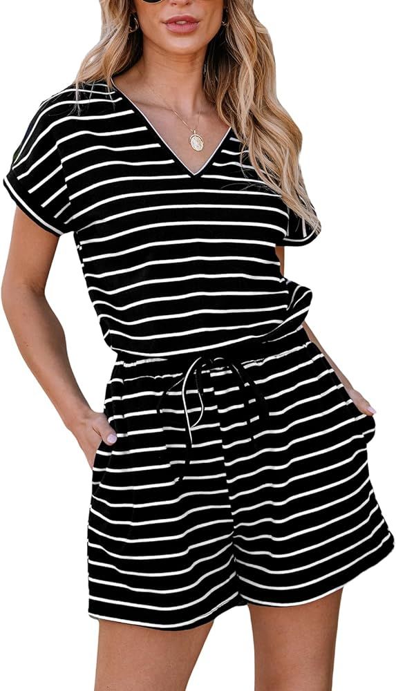CUPSHE Women's Romper Stripe Short Sleeve Jersey Jumpsuits V Neck Overall Waist Tie Outfit Casual | Amazon (US)