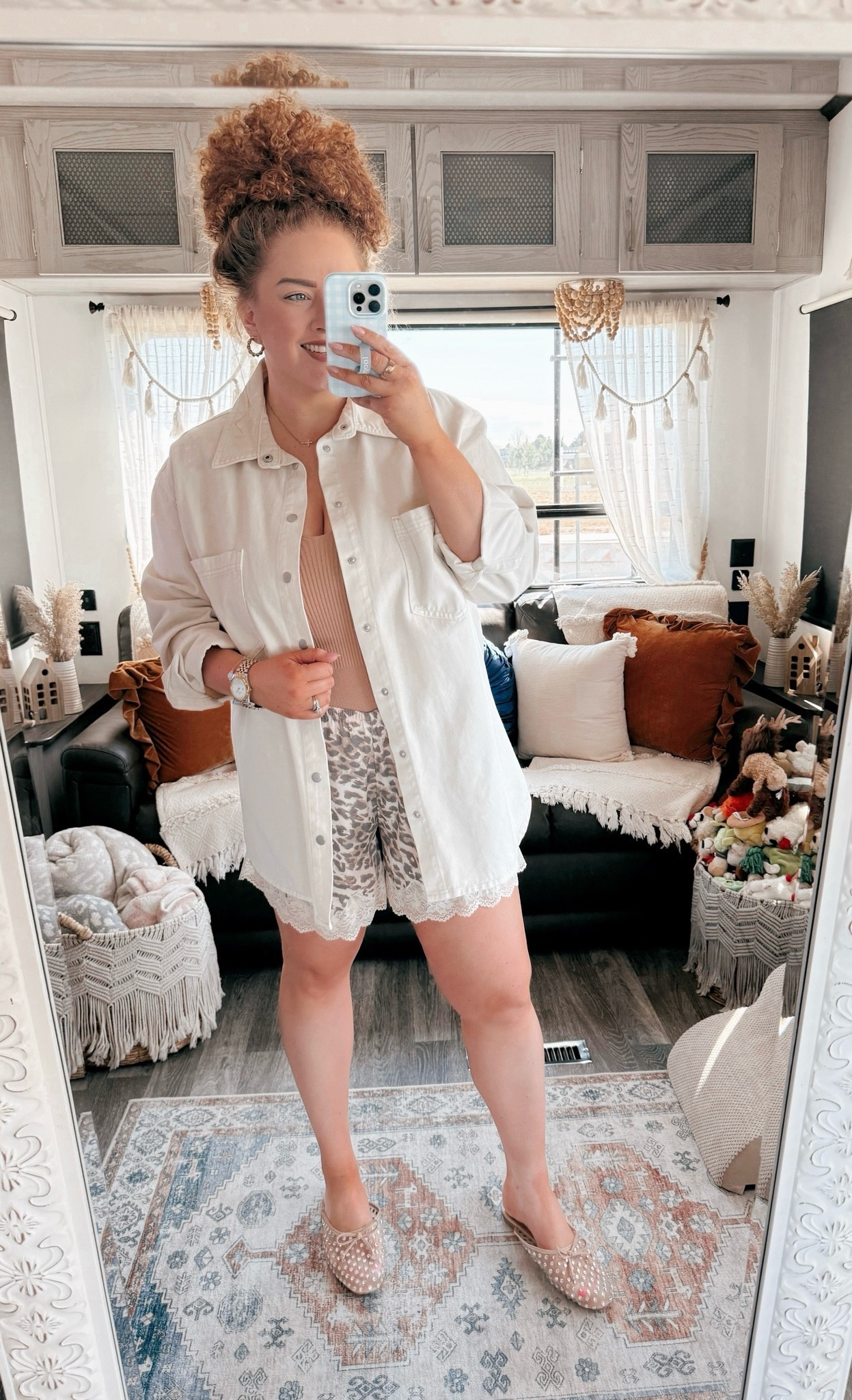 A little mix of chic and playful 🤍 This look feels dressed up without trying too hard👏 white denim button down | beige tank top | leopard shorts | silk lace shorts | animal print outfit | chic casual | elevated casual | date night outfit | summer outfit | lightweight layers | neutral outfit | statement shorts | rhinestone mules | dressy casual | trendy outfit

#LTKootd #LTKgrwm #LTKdayinmylife