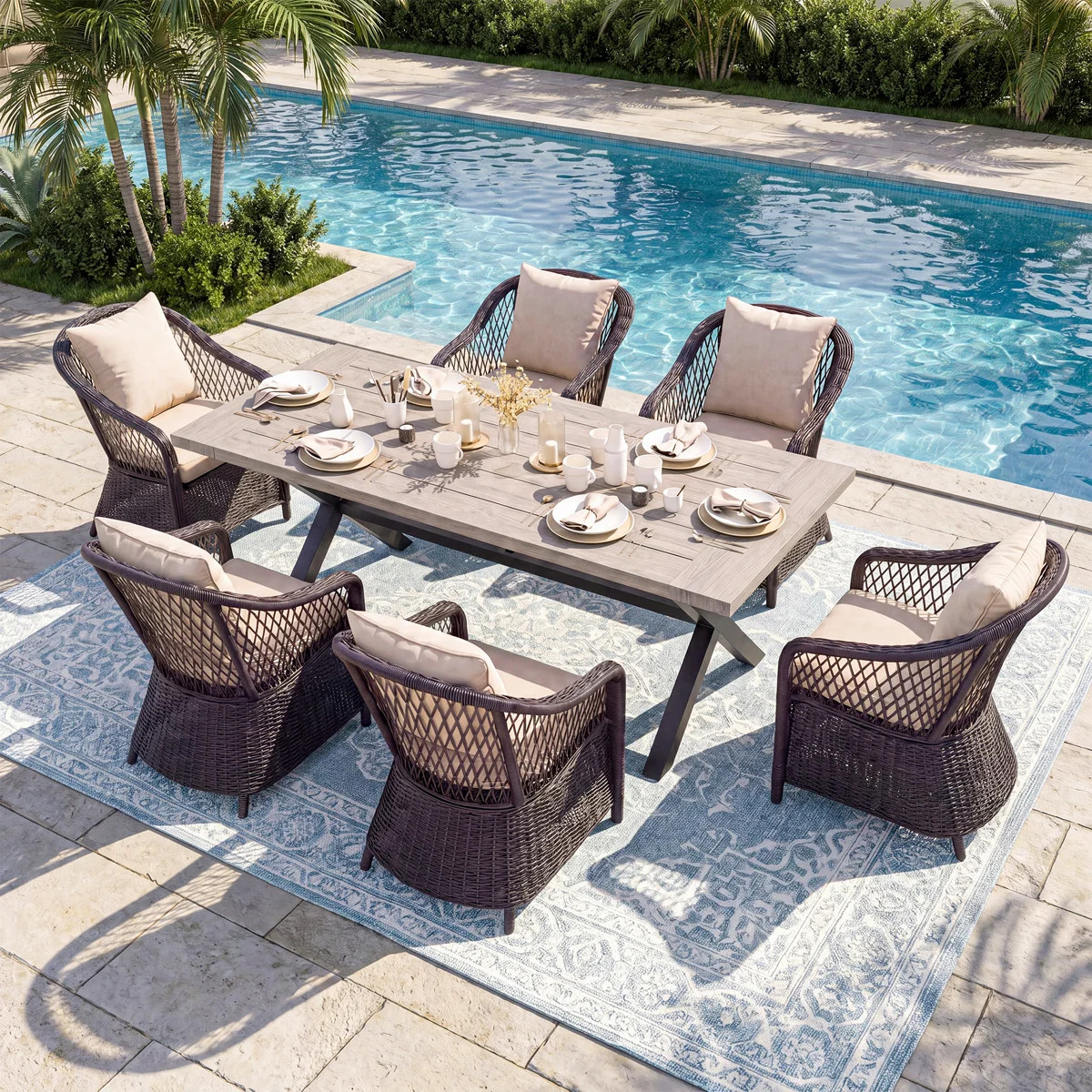 6-Person Rectangular Outdoor Aluminum Dining Set With Cushions | Wayfair North America
