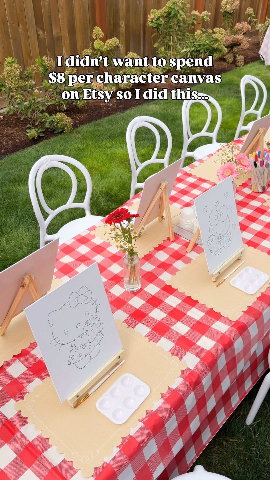 Did you know you can just…trace onto canvases?! 🎨 I was soo close to spending $8 per character canvas on Etsy until I learned that I could transfer printed designs onto blank canvases myself!

Between me and Jeff, we traced 30 Hello Kitty canvases in under two hours while watching Married at First Sight Seattle 😂 It was actually kinda fun and saved us $200!

Tablecloth, paint brush, easel, acrylic paint, painting canvas, transfer paper, kraft paper, paint palettes, markers, vases, gem stickers

#canvaspaintings #kidspartyideas #kidscraft

#LTKsummer #LTKkids #LTKhome