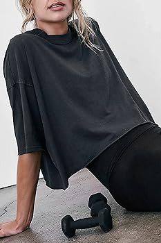 Women's Oversize Workout Crop Tops Casual Short Sleeve Drop Shoulder Boxy T-Shirts Roll Hem Basic... | Amazon (US)
