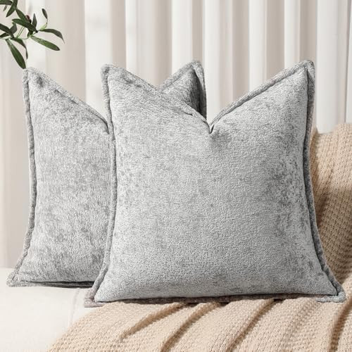 DEZENE Pack of 2 Light Gray Decorative Throw Pillow Covers 20x20 Cozy Soft Chenille Accent Vintage Square Couch Pillow Covers for Home Decor Bed Sofa Living Room | Amazon (US)