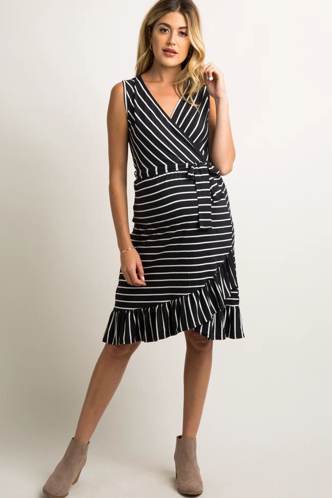 Black Striped Ruffle Hem Waist Tie Maternity Wrap Dress | PinkBlush Maternity