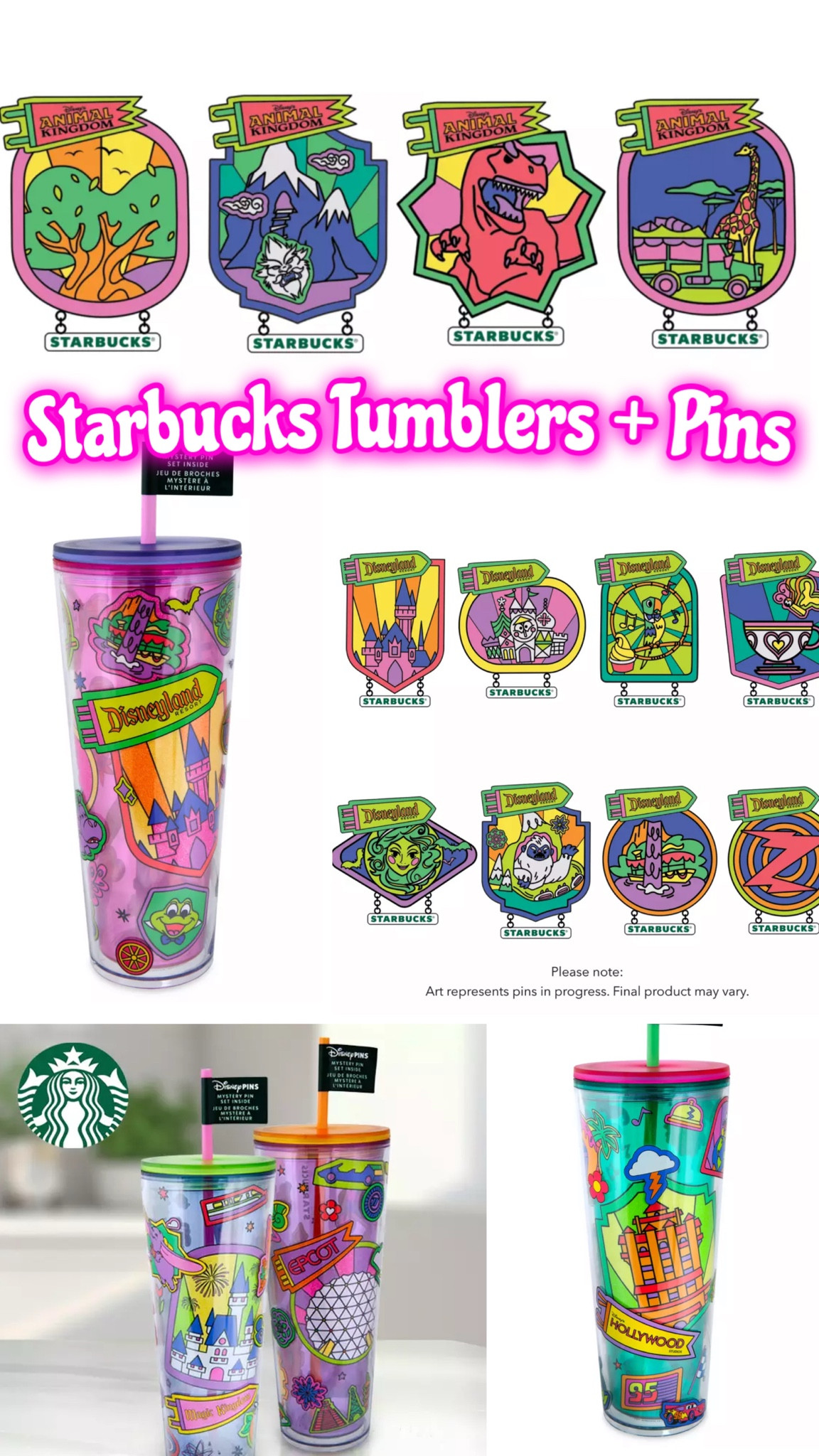 Disney starbucks tumblers and pins