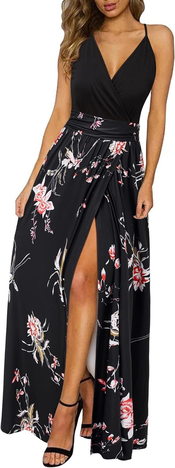 Newshows Women's Summer V Neck Spaghetti Strap Sleeveless Casual Split Long Maxi Dress | Amazon (US)