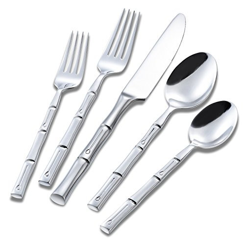 Flatasy Silverware Set Silver Bamboo Handle Flatware Stainless Steel Heavy Cutlery Set 20 Pieces Mirror Polished Spoons Forks and Knives Service for 4 | Amazon (US)