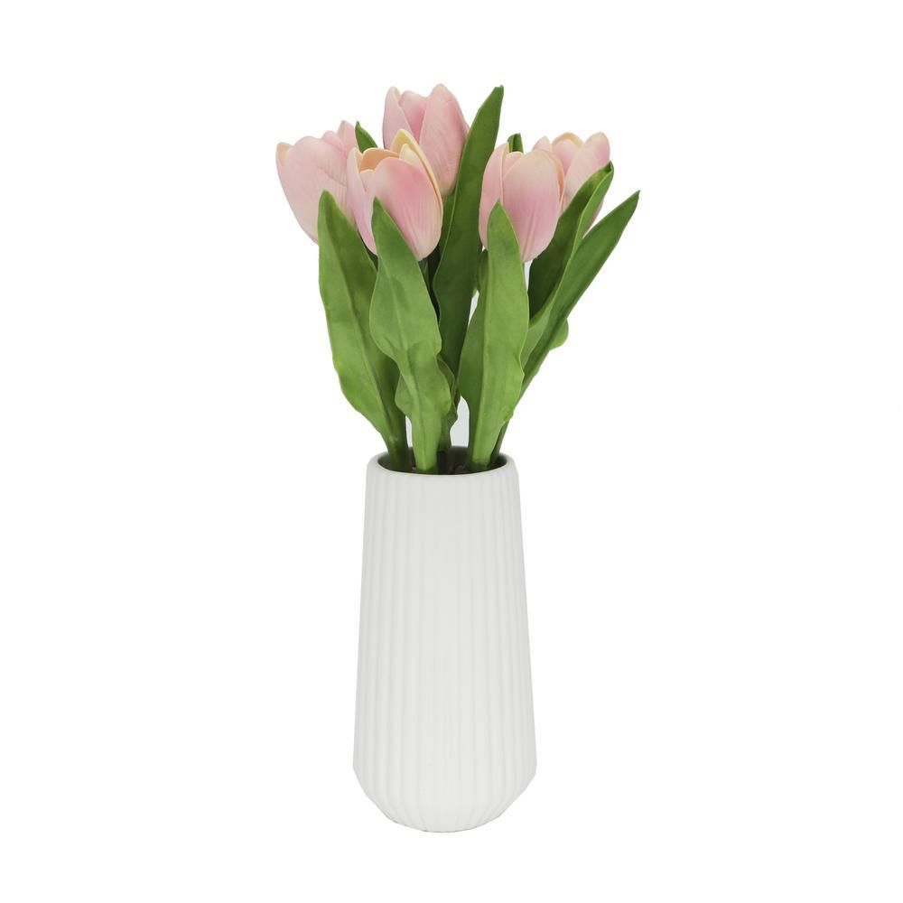 Flora Bunda 16 in. Artificial Real-touch Tulips in White Ceramic Vase | The Home Depot