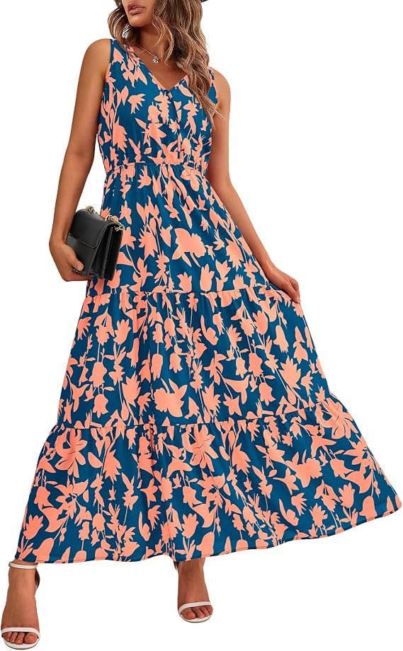 BTFBM Women Summer Dresses, Casual Sleeveless Wedding Gust Maxi Dress, V Neck, Floral, A-Line, Bo... | Amazon (US)