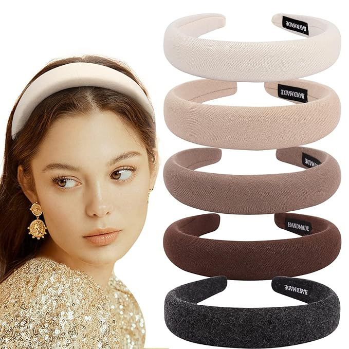 5 Pack Padded Headbands with Soft Fabric - Plain Thick Hair Accessories for Women and Girls | Amazon (US)