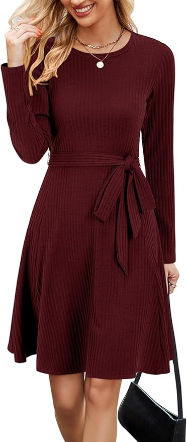 Newshows Women's 2024 Fall Sweater Dress Long Sleeve Casual Outfits A-Line Ribbed Knit Belt Skate... | Amazon (US)