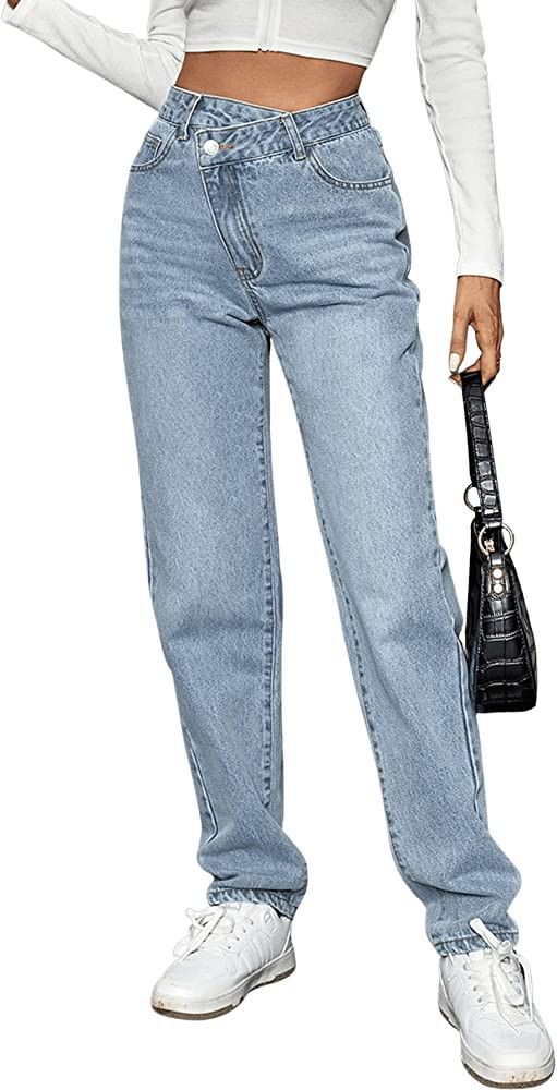SweatyRocks Women's High Waisted Straight Leg Long Jeans Asymmetrical Waist Denim Pants | Amazon (US)